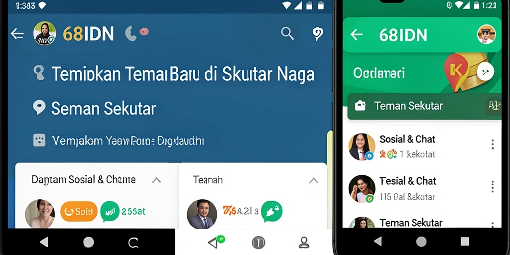 Screenshot utama aplikasi 68IDN menampilkan fitur Teman Sekitar yang intuitif.